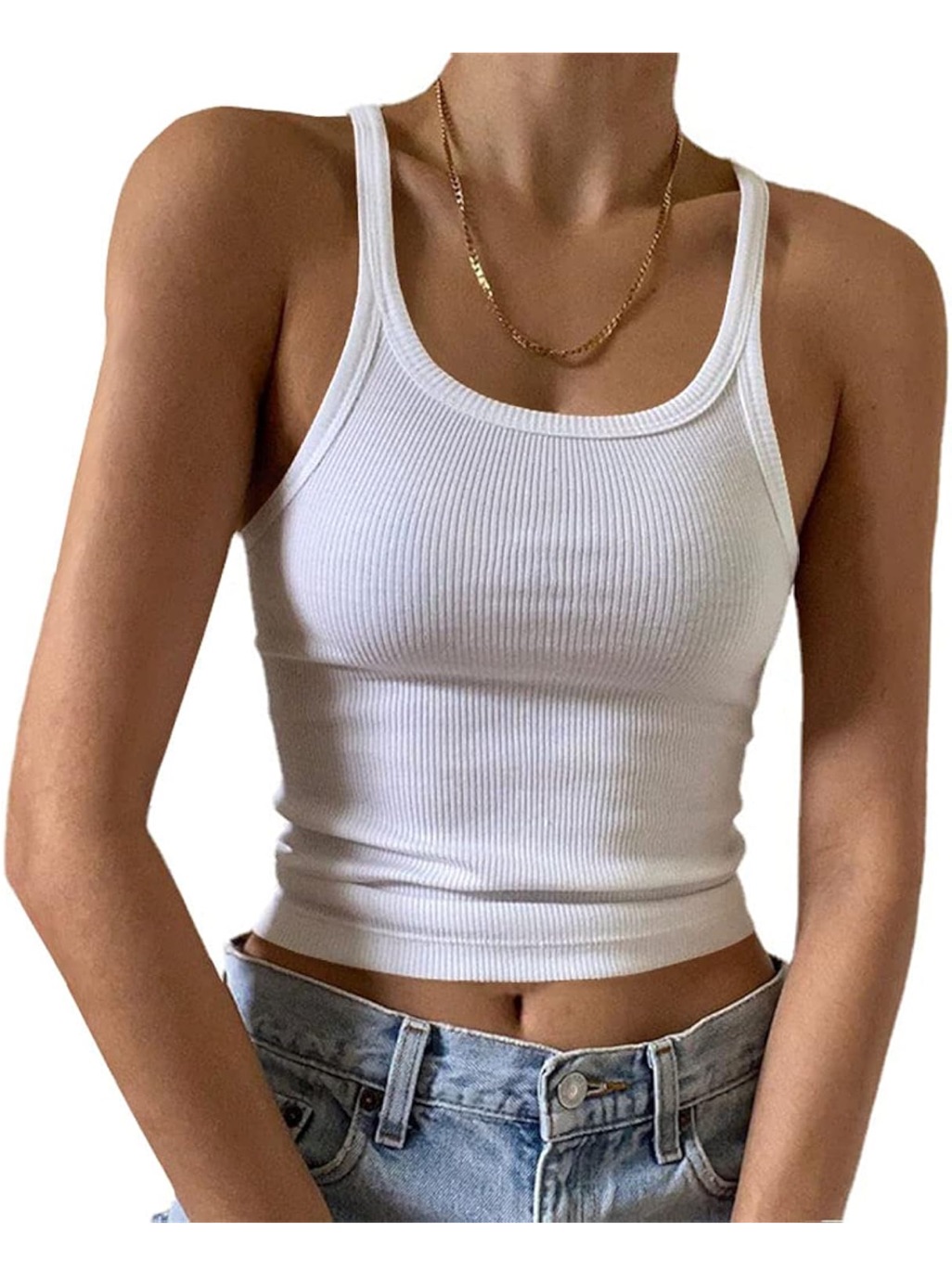 Amazon Artfish White Basic Scooped Neck Ribbed Knit Cami Tank Top